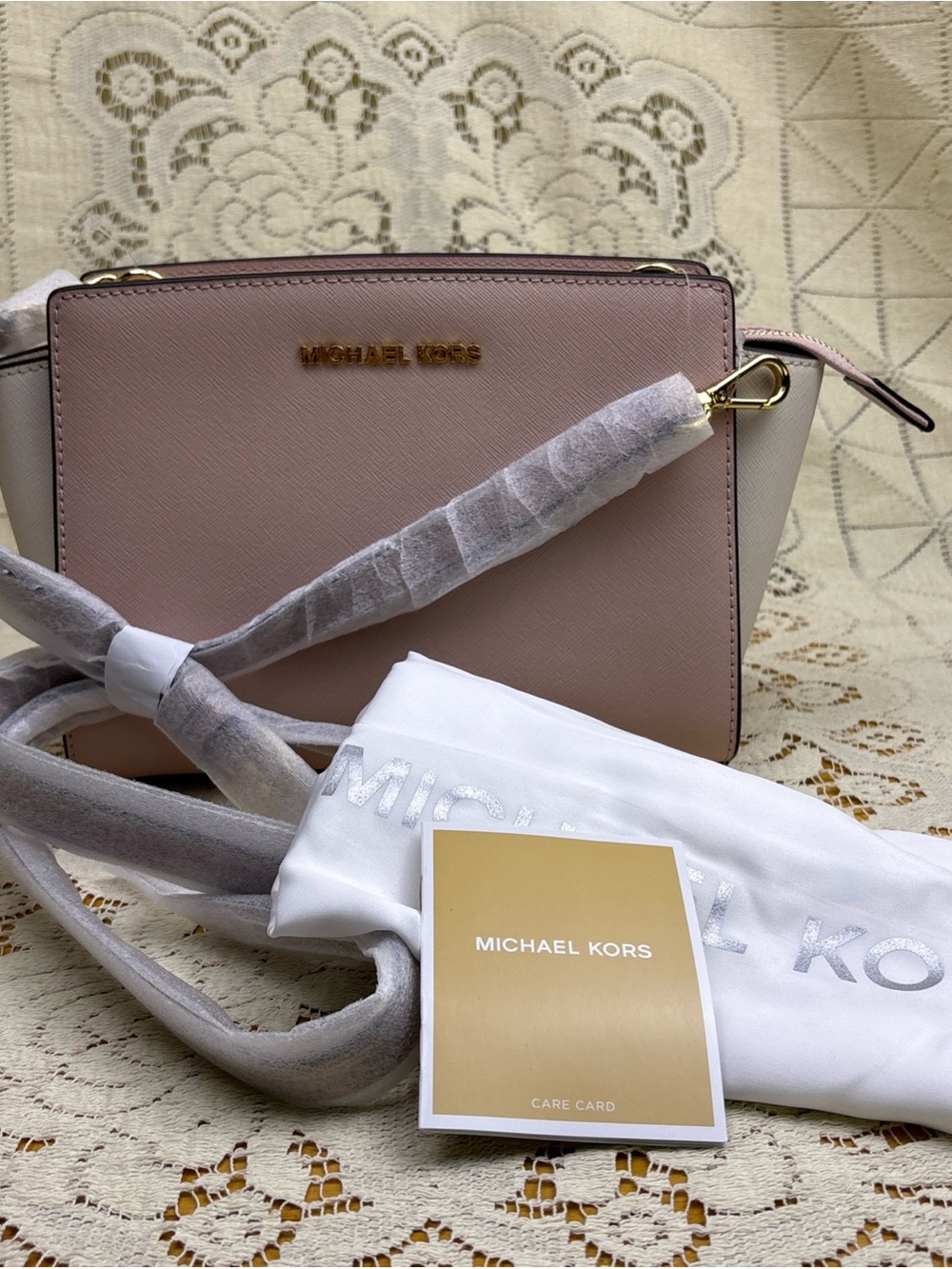 Michael Kors Selma Medium Saffiano Leather Crossbody Colorblock Pink & Cream